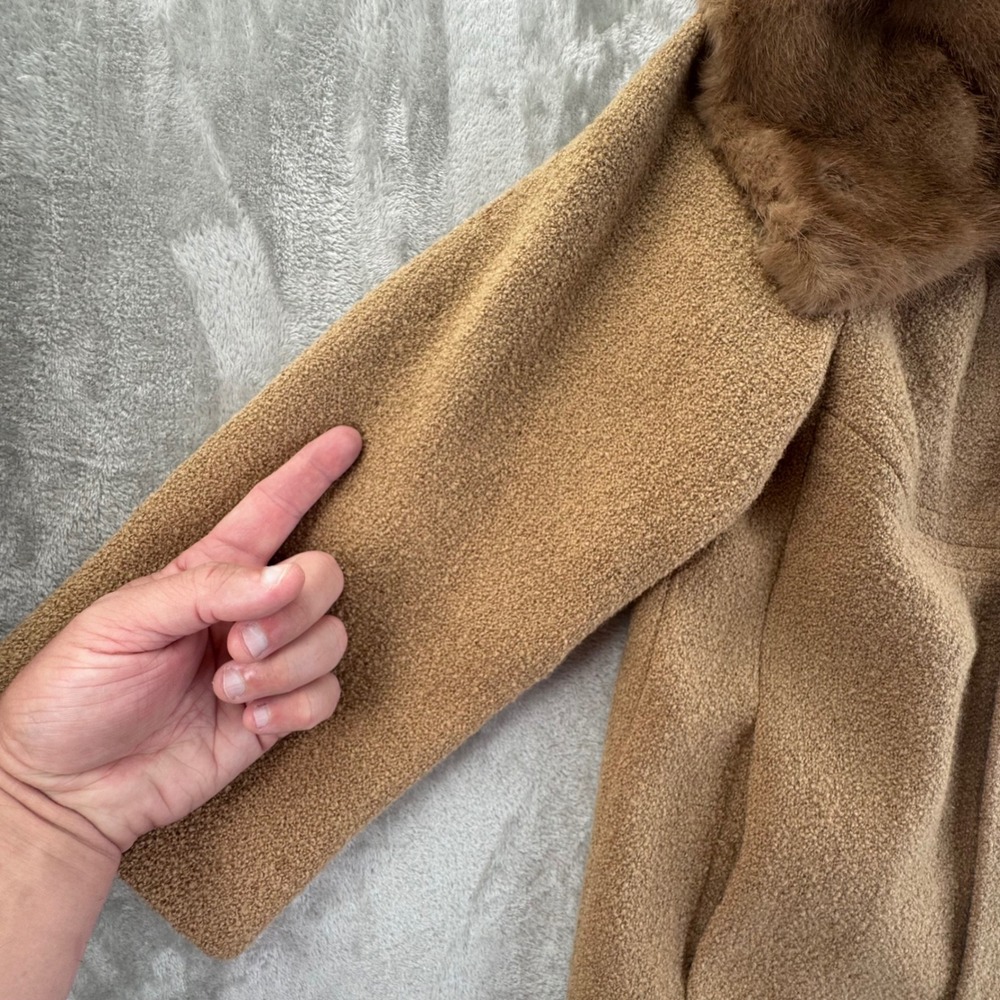 Vintage 1950s-60s Women's Boucle‎ Coat Genuine Mink Fur Collar Tan Mod Overcoat - Picture 11 of 16